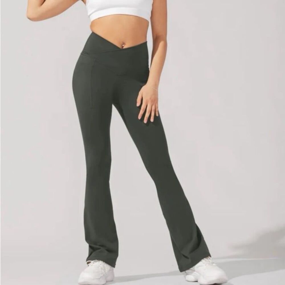 POPFLEX Crisscross Hourglass Flared Leggings Pockets Forestwood 2X Tall 34”